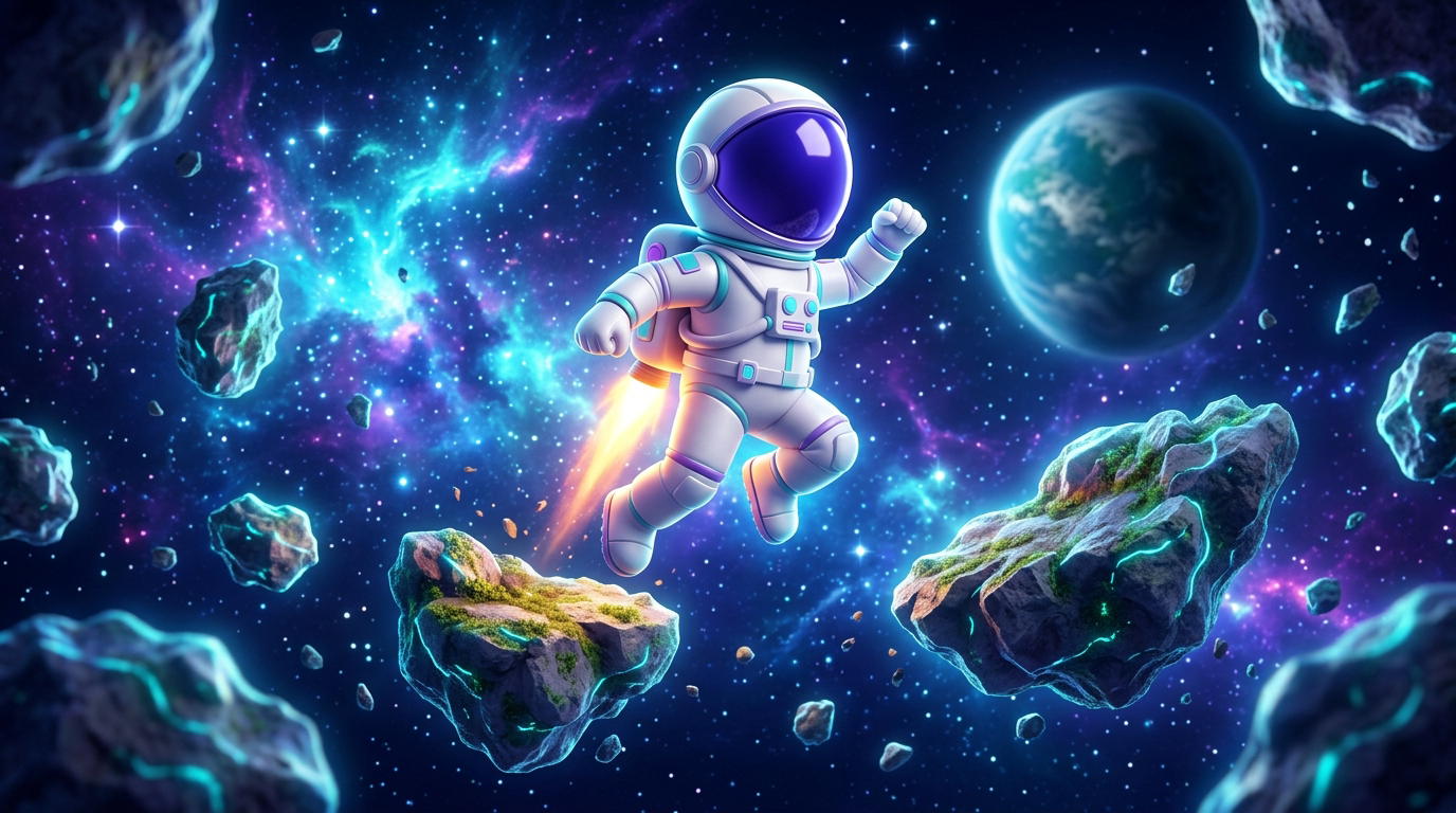 Un astronauta salta entre asteroides iluminados por una nebulosa